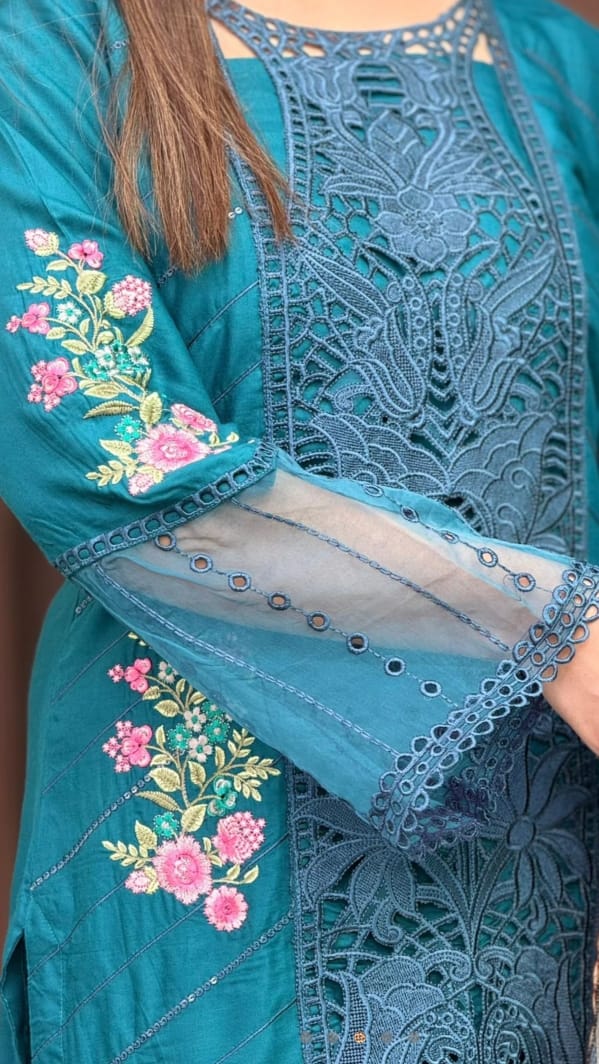 Midnight Teal Embroidered Suit - 3 piece