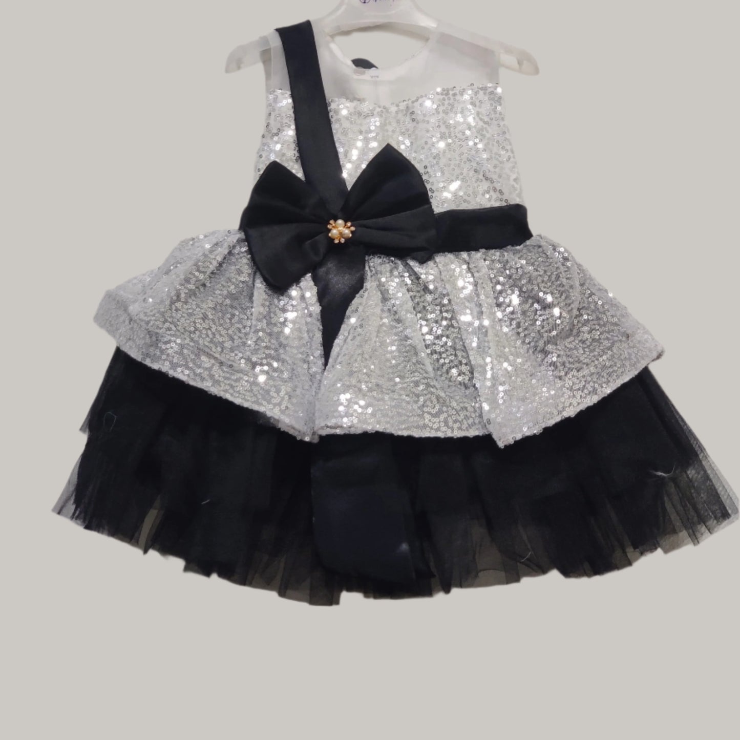 Peach baby frock (black and Silver )