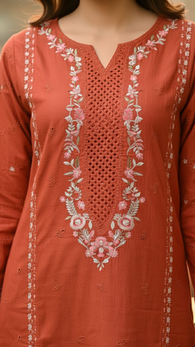 Terracotta Orange Emboridered Chikankari-style 3PC suit