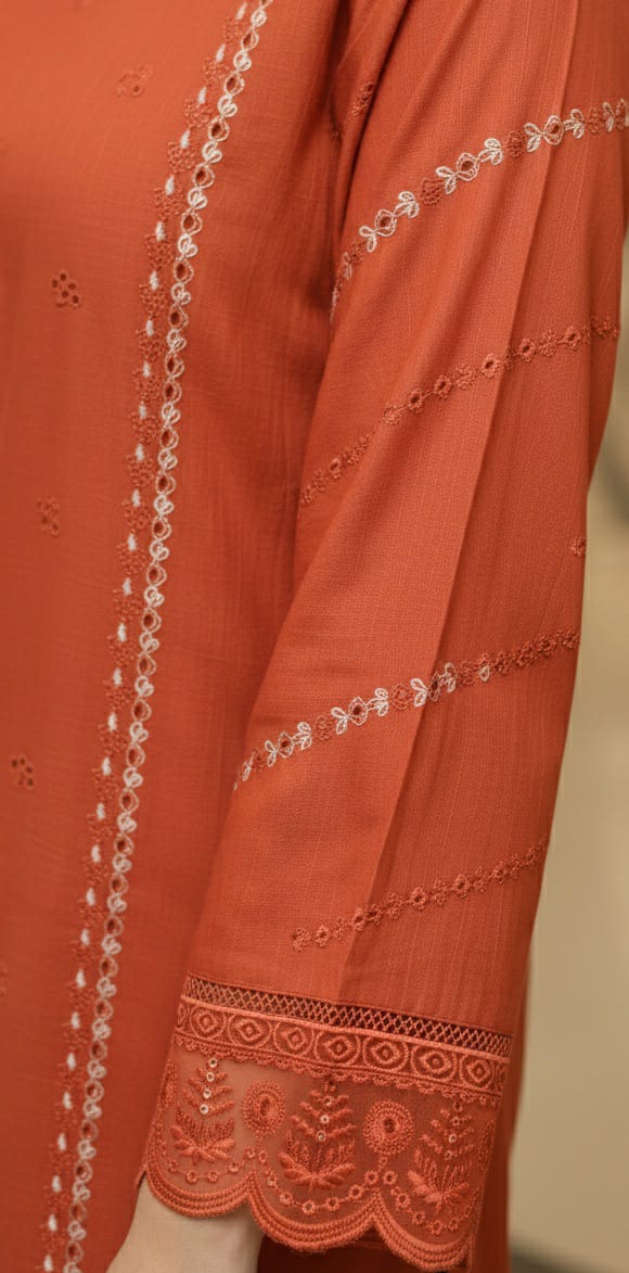 Terracotta Orange Emboridered Chikankari-style 3PC suit