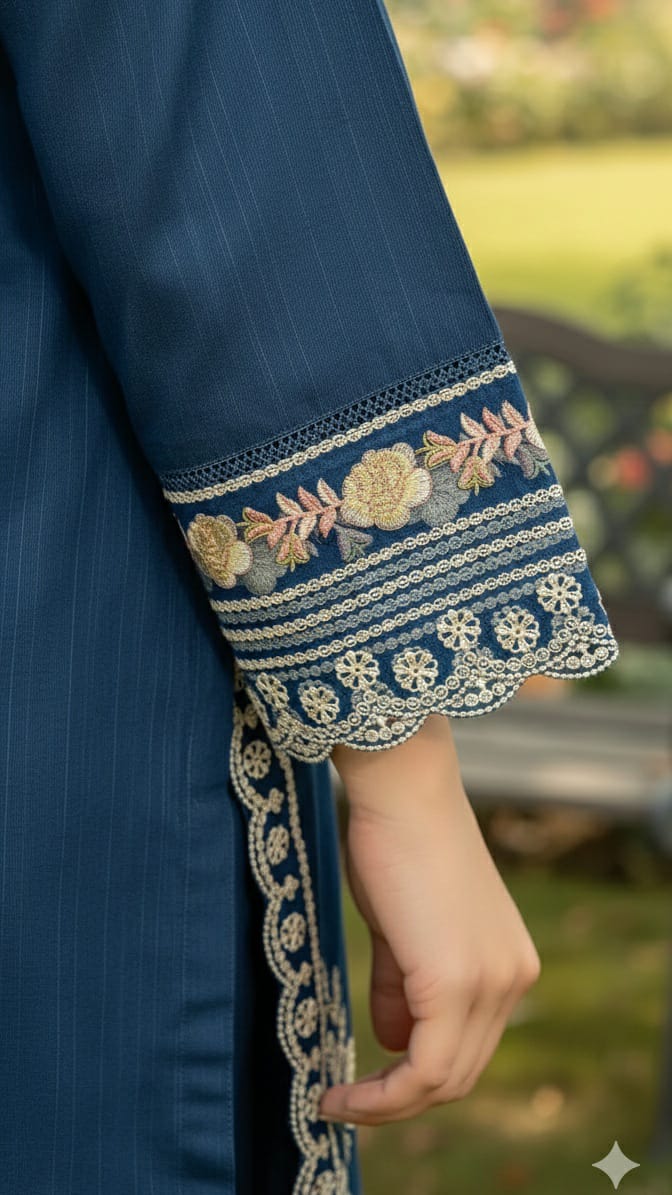 Deep Blue Embroidered Suit - 3Pc