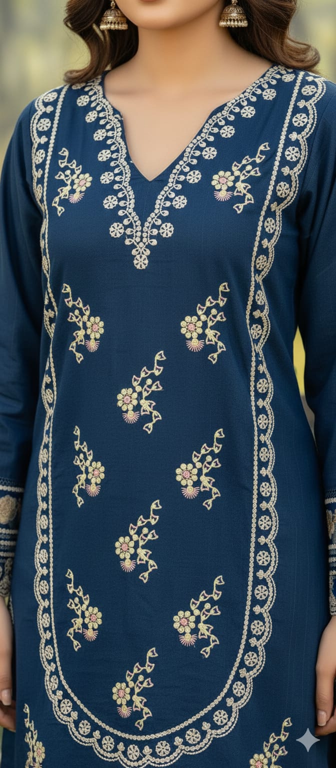 Deep Blue Embroidered Suit - 3Pc