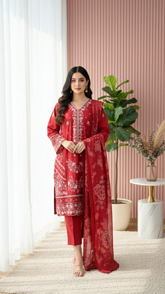 Scarlet Floral grace Embroidered Suit - 3 piece