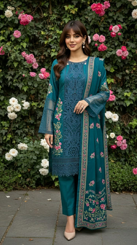 Midnight Teal Embroidered Suit - 3 piece