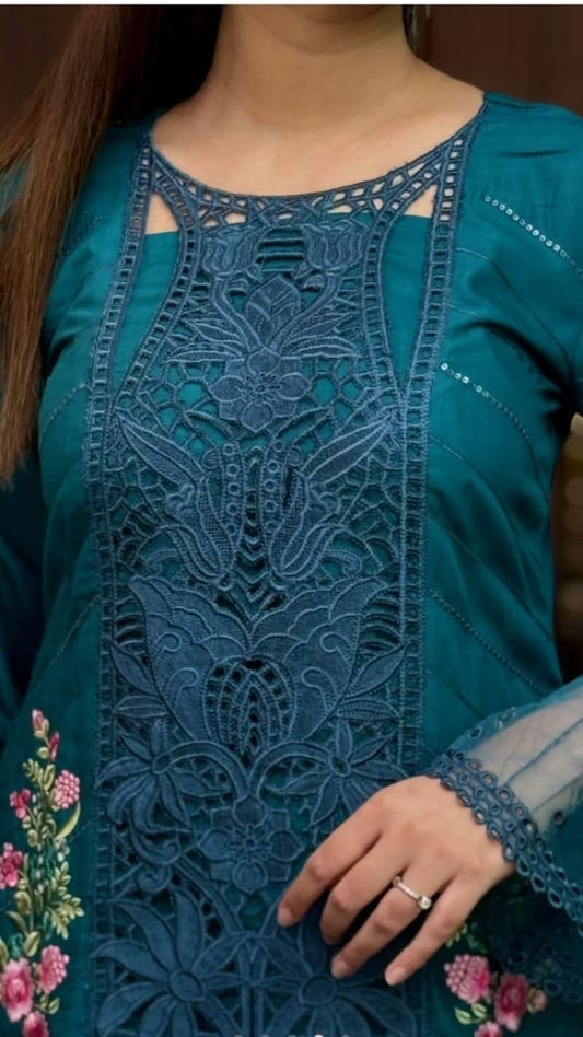Midnight Teal Embroidered Suit - 3 piece
